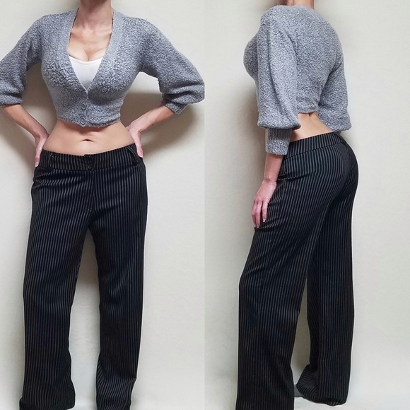 VINTAGE 90s Dori Goth Black White Pinstripe Stretchy Flare Wide Leg Trousers - Picture 1 of 11